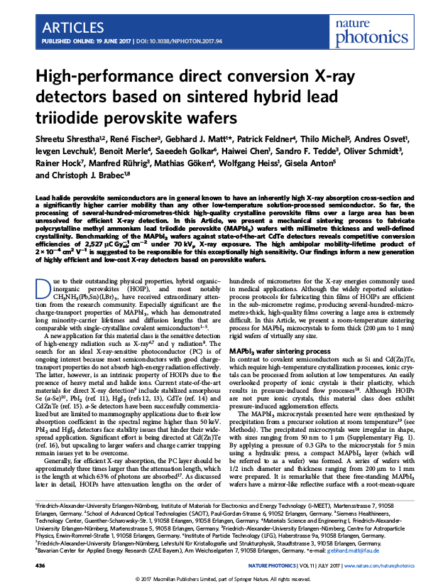 Towards entry "Shreetu´s and Gebi´s Manuscript on Perovksite X-Ray Detectors published by Nature Photonics"