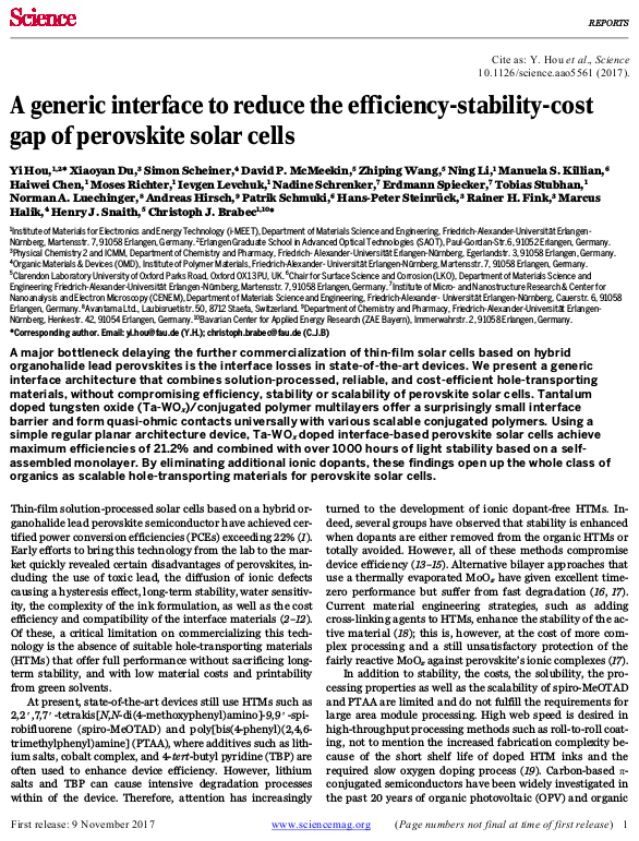 Towards entry "Yi’s article on his 21.2% perovskite material system is published in the journal of science"