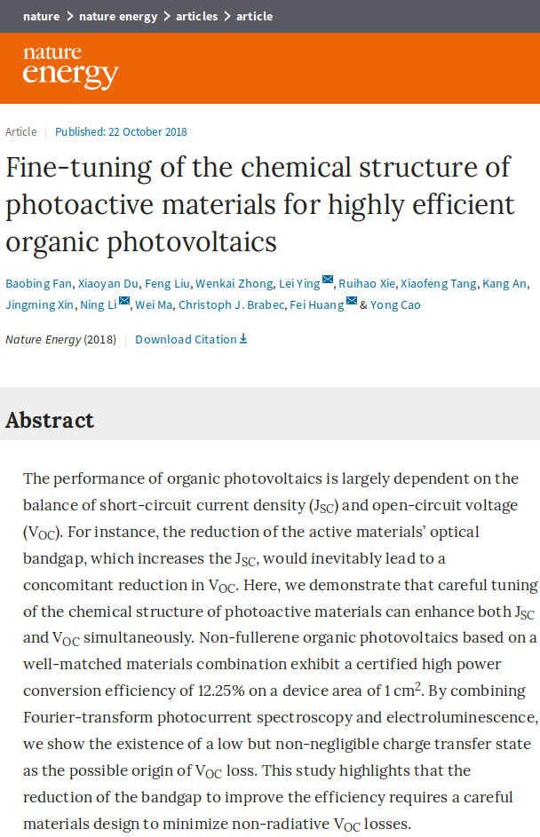 Towards entry "Congratulations to Ning and Baobing – they report their molecular fine-tuning for record-breaking OPV performance in Nature Energy"