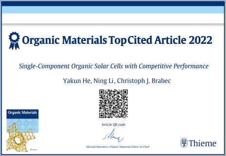 Towards entry "Yakun’s paper is the top cited article of  Organic Materials in 2022!"
